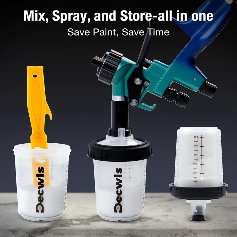 Decwls Store Disposable Paint Cups 6 Ounce(165ml), Mini Paint Mixing Cups with Lid and 50 Pack Paint Cup for Automotive Spray Gun, 125-Micron Filter, 2 Hard Cup with Retainer Ring, 20 Plugs, 1 Stirrer, 1 Seal Tape - Image 3